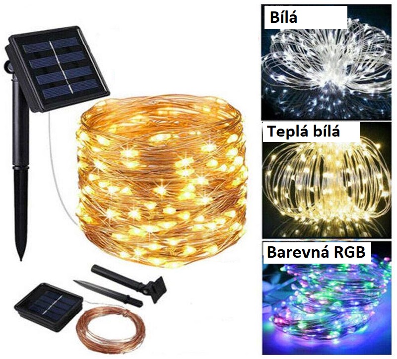 Solar-12/02 Solární vánoční osvětlení flexibilní drát 10 metrů 100x LED teplá bílá