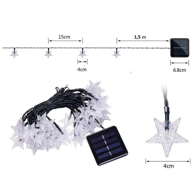 Solar H/62 Solární vánoční řetěz teplá bílá, 30LED hvězda/6Metrů