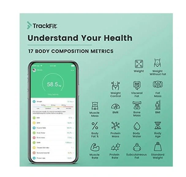 Digitální váha FitTrack Dara Smart BMI Skleněná koupelnová váha s Bluetooth