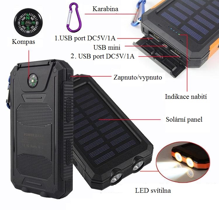 Speed S1004 Solární Powerbank 10000 mAh, oranžová, 2x LED