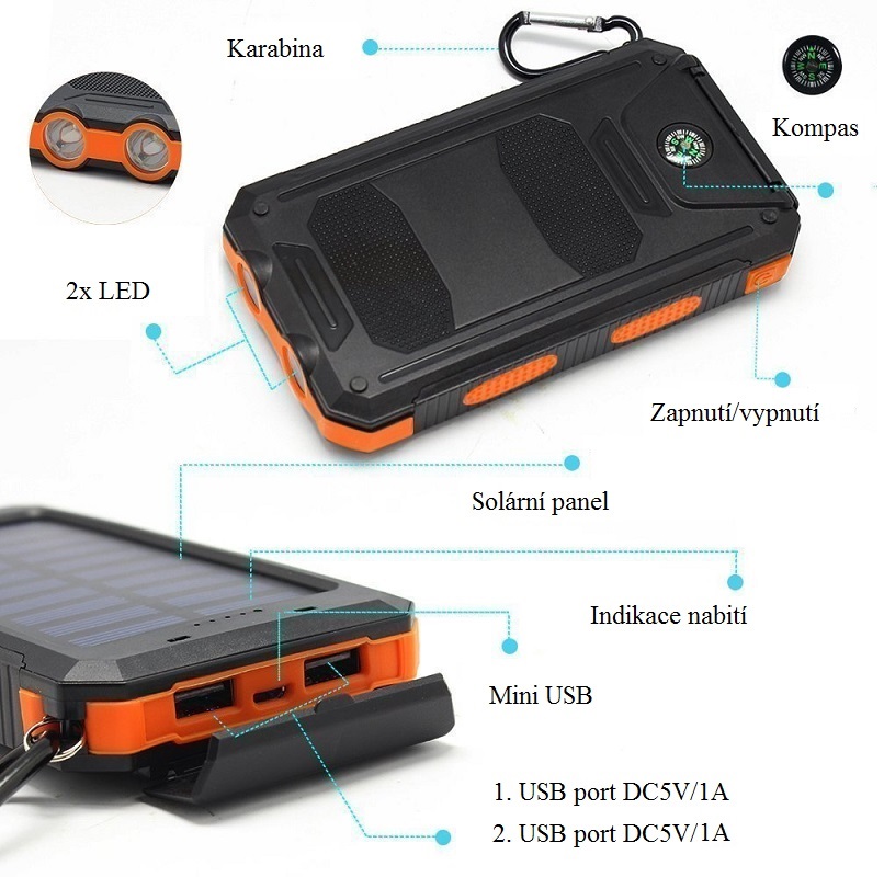 Speed S1004 Solární Powerbank 10000 mAh, oranžová, 2x LED